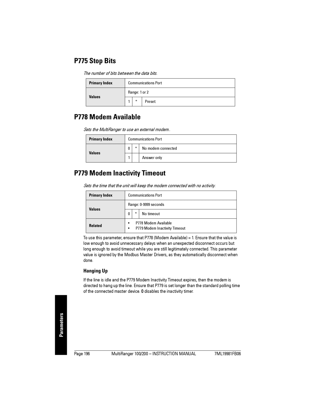 Siemens 200 instruction manual P775 Stop Bits, P778 Modem Available, P779 Modem Inactivity Timeout 