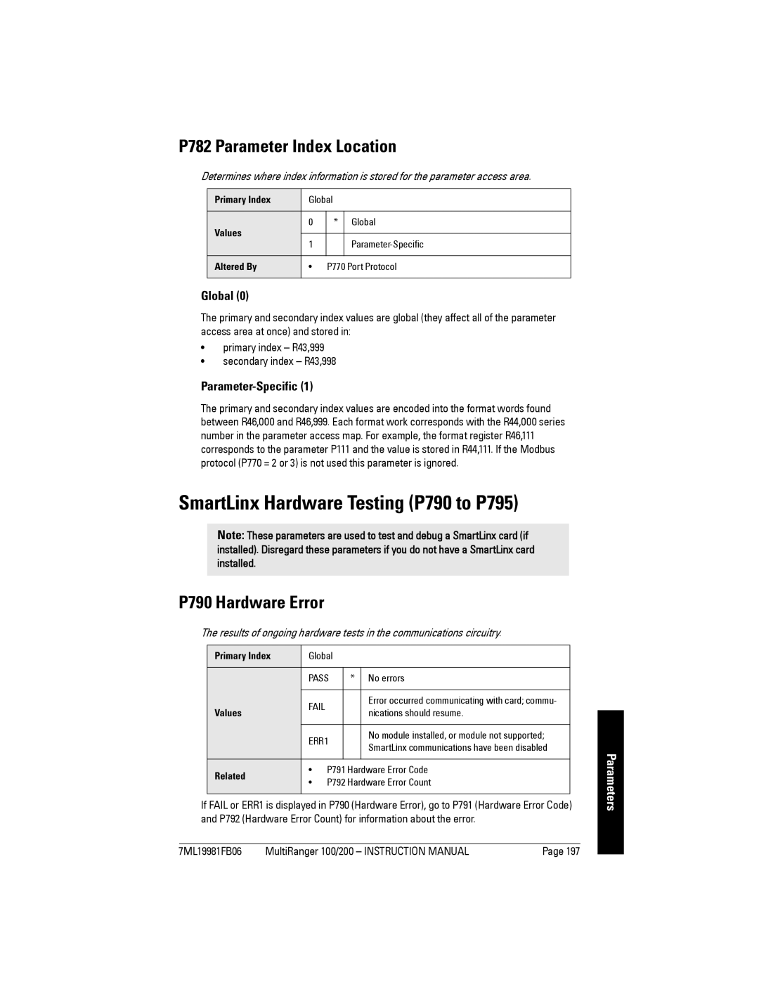 Siemens 200 SmartLinx Hardware Testing P790 to P795, P782 Parameter Index Location, P790 Hardware Error, Global 