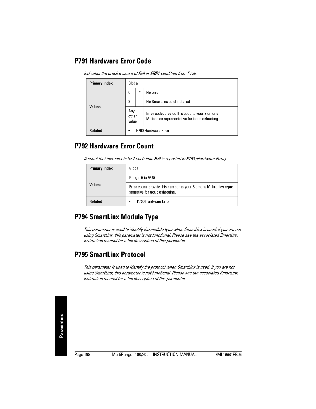 Siemens 200 P791 Hardware Error Code, P792 Hardware Error Count, P794 SmartLinx Module Type P795 SmartLinx Protocol 