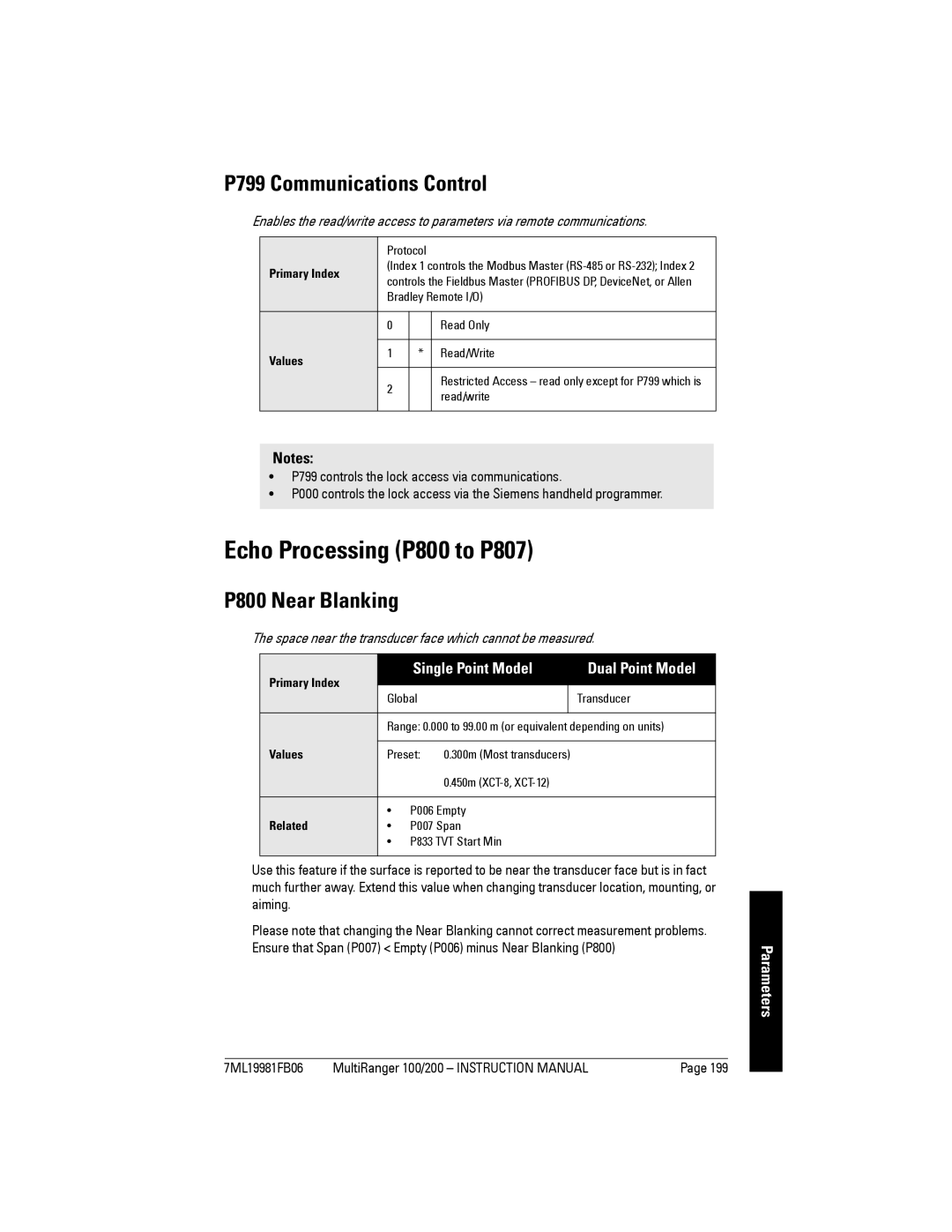 Siemens 200 instruction manual Echo Processing P800 to P807, P799 Communications Control, P800 Near Blanking 