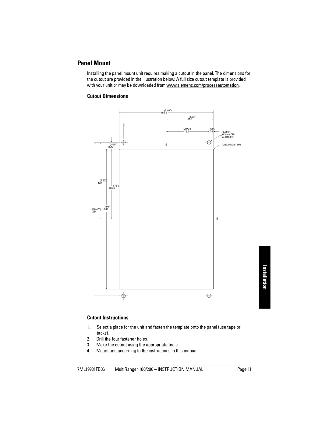 Siemens 200 instruction manual Panel Mount, Cutout Dimensions, Cutout Instructions 