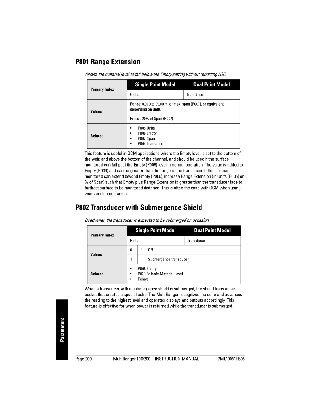 Siemens 200 instruction manual P801 Range Extension, P802 Transducer with Submergence Shield 