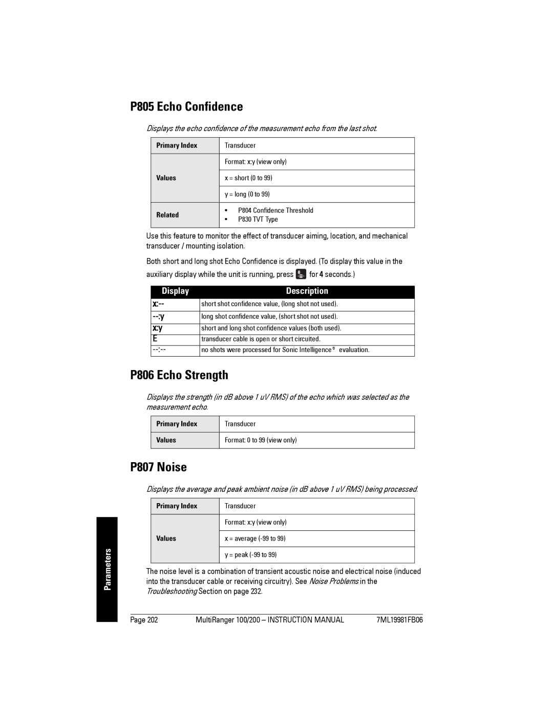 Siemens 200 instruction manual P805 Echo Confidence, P806 Echo Strength, P807 Noise, Display Description 