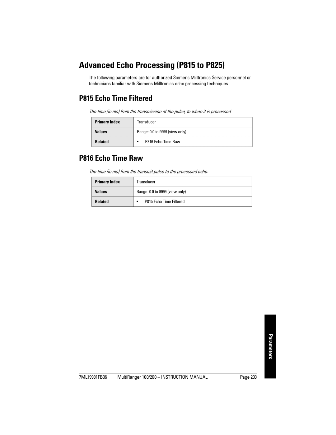 Siemens 200 instruction manual Advanced Echo Processing P815 to P825, P815 Echo Time Filtered, P816 Echo Time Raw 