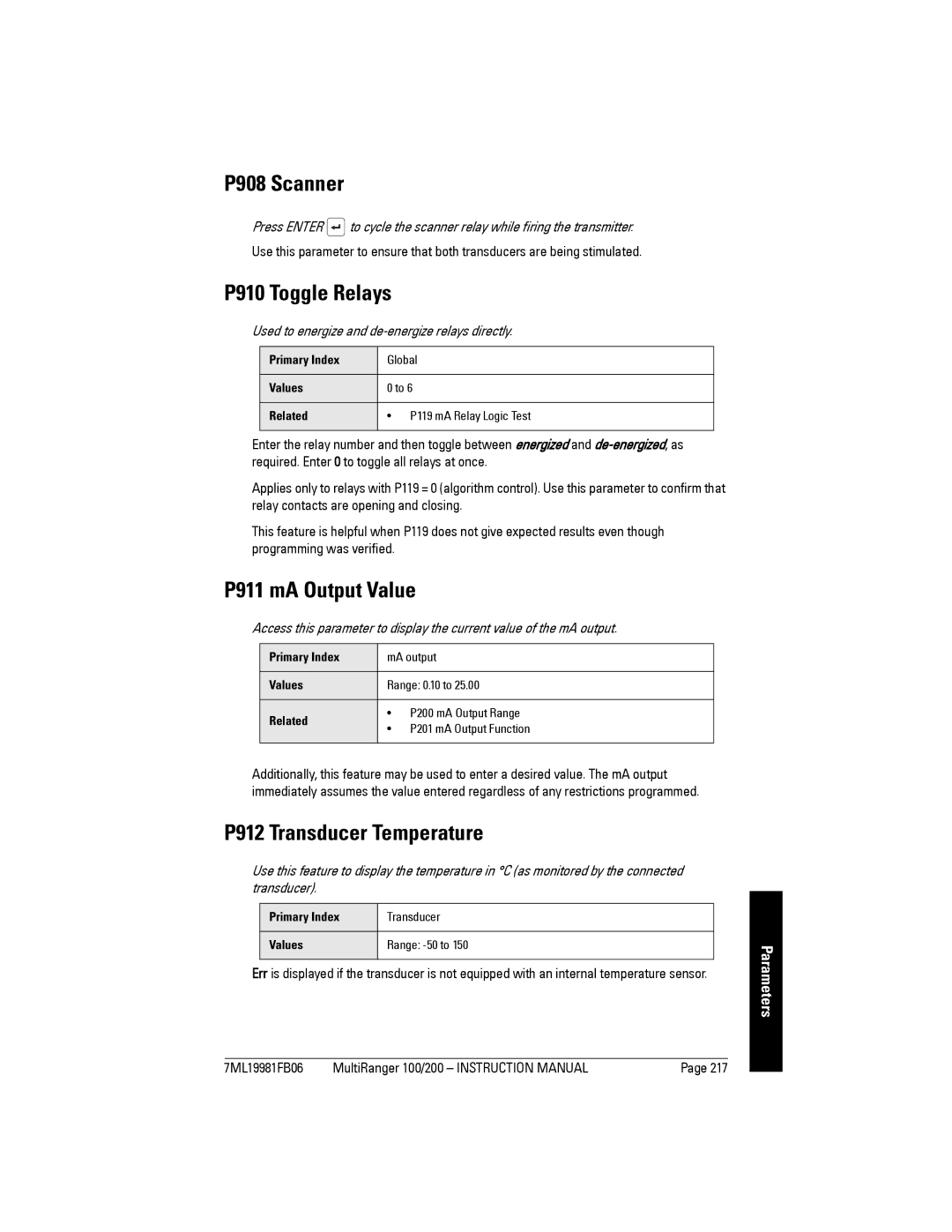 Siemens 200 instruction manual P908 Scanner, P910 Toggle Relays, P911 mA Output Value, P912 Transducer Temperature 