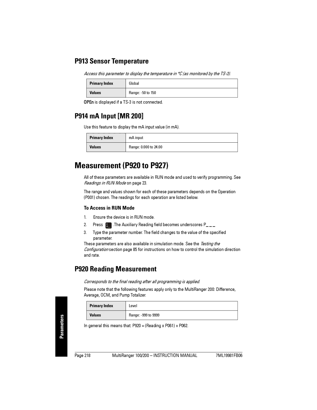 Siemens 200 Measurement P920 to P927, P913 Sensor Temperature, P914 mA Input MR, P920 Reading Measurement 