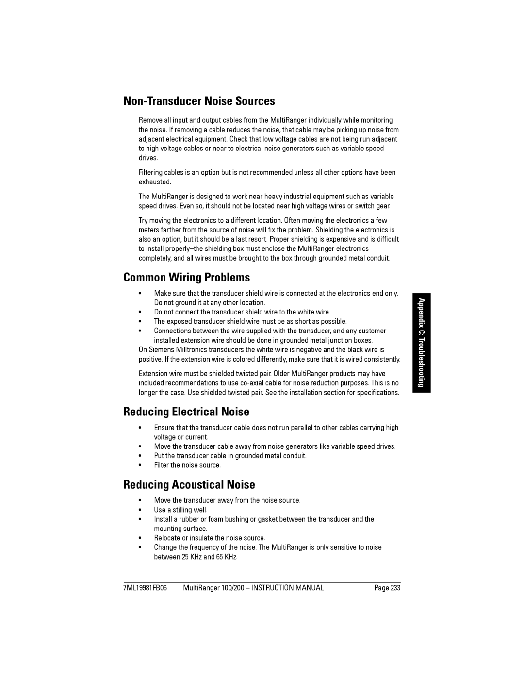 Siemens 200 Non-Transducer Noise Sources, Common Wiring Problems, Reducing Electrical Noise, Reducing Acoustical Noise 