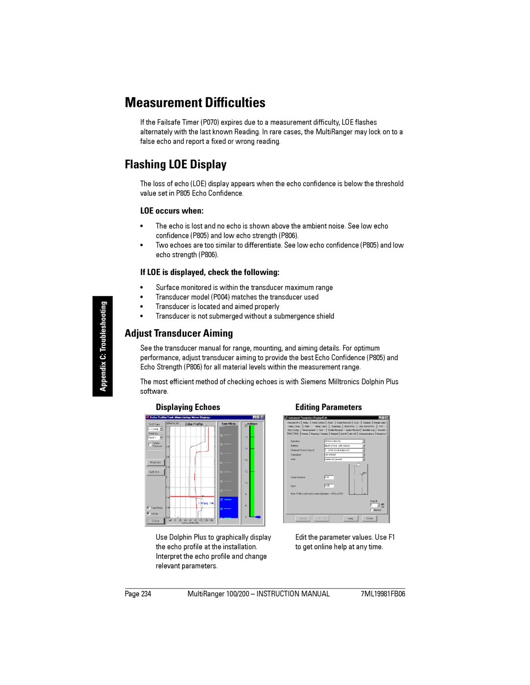 Siemens 200 instruction manual Measurement Difficulties, Flashing LOE Display, Adjust Transducer Aiming 