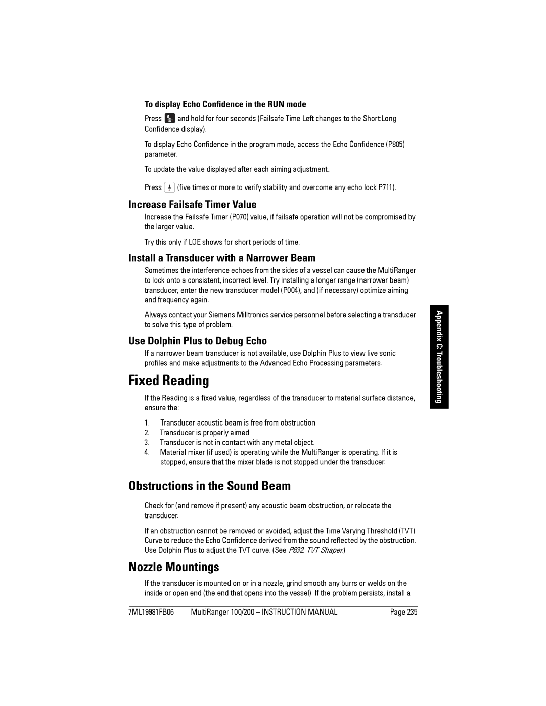 Siemens 200 instruction manual Fixed Reading, Obstructions in the Sound Beam, Nozzle Mountings 