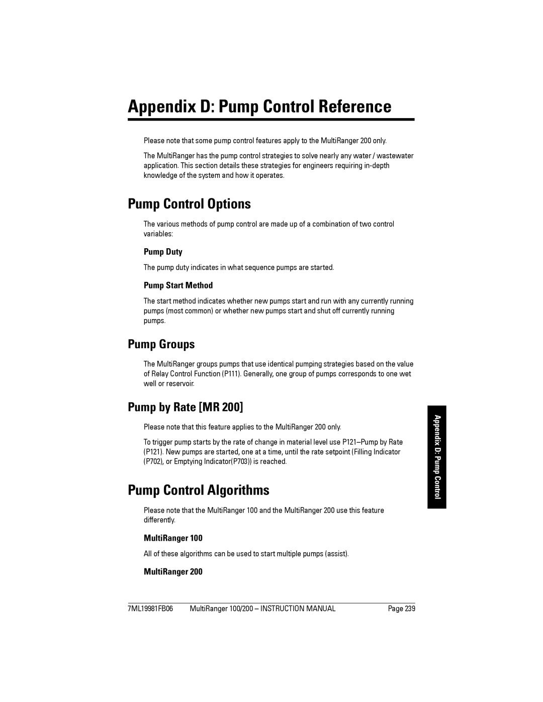 Siemens 200 instruction manual Pump Control Options, Pump Control Algorithms, Pump Groups, Pump by Rate MR 