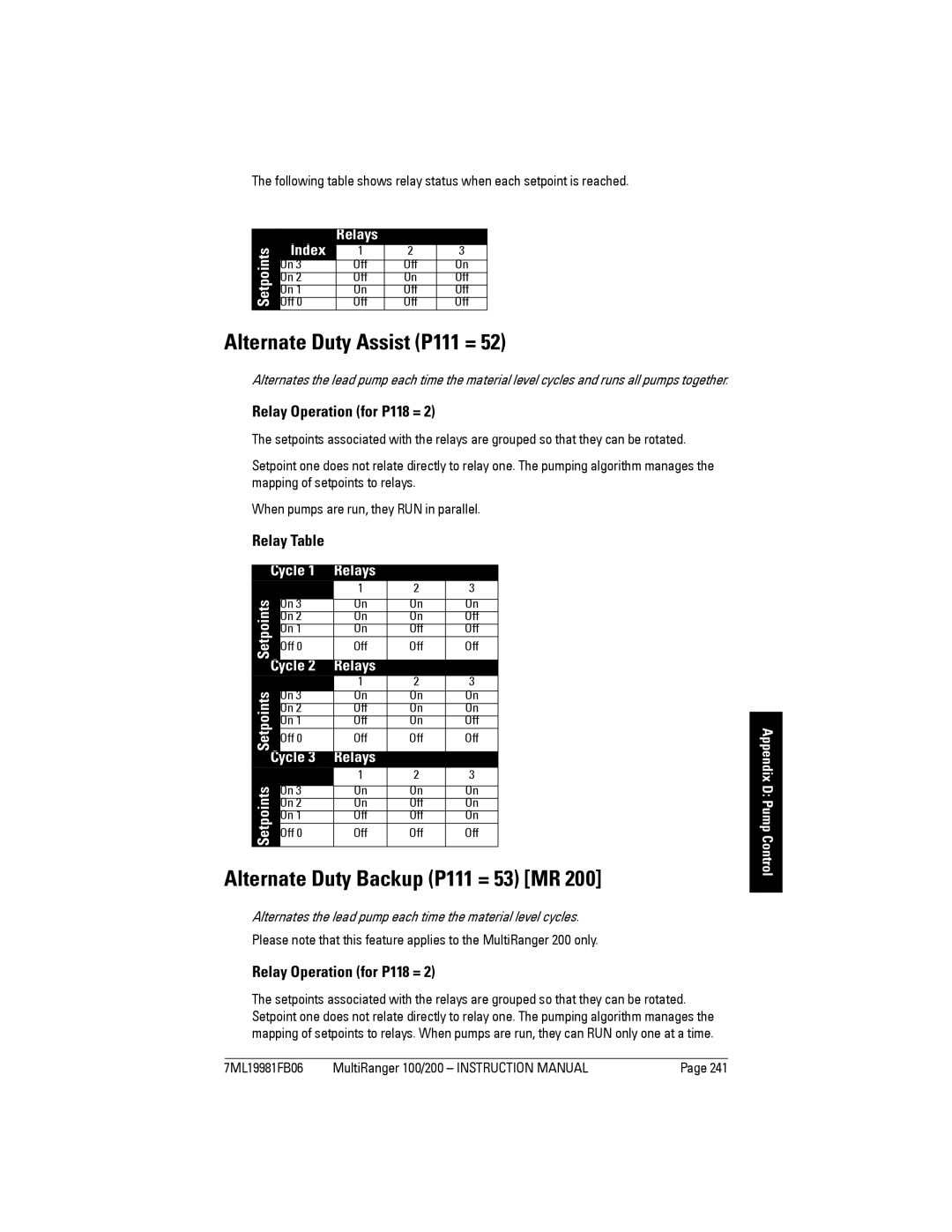 Siemens 200 instruction manual Alternate Duty Assist P111 =, Alternate Duty Backup P111 = 53 MR, Index Relays, Cycle Relays 