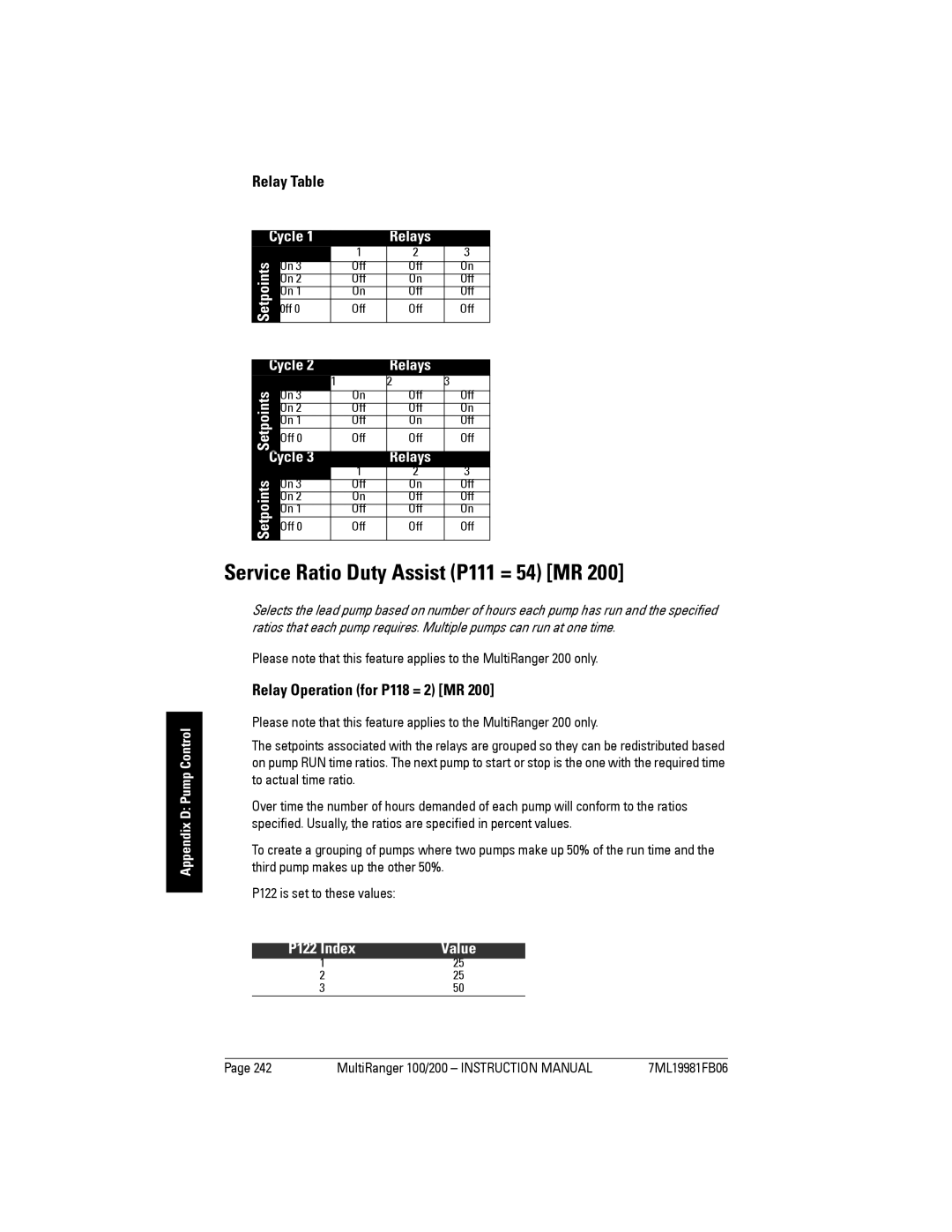 Siemens 200 instruction manual Service Ratio Duty Assist P111 = 54 MR, Relay Operation for P118 = 2 MR 