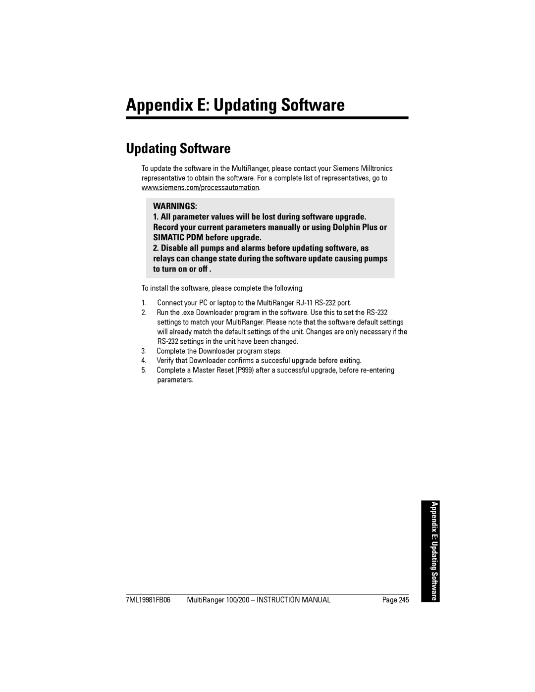 Siemens 200 instruction manual Appendix E Updating Software 