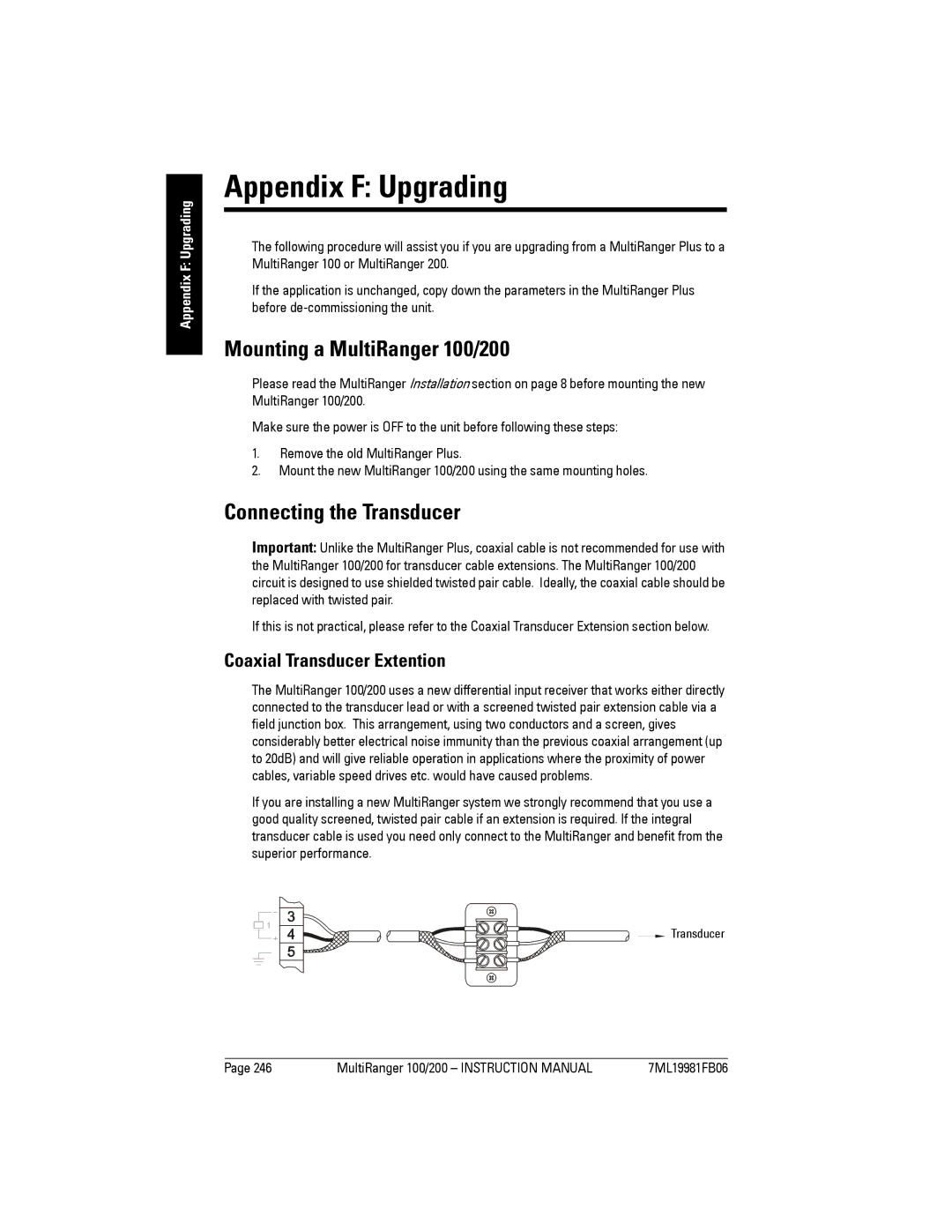 Siemens Appendix F Upgrading, Mounting a MultiRanger 100/200, Connecting the Transducer, Coaxial Transducer Extention 