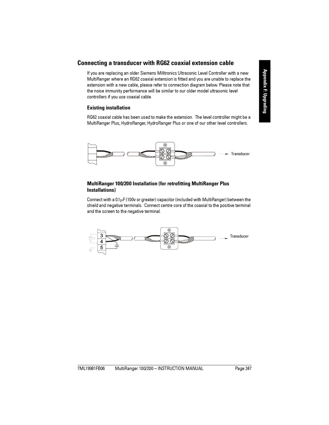 Siemens 200 instruction manual Connecting a transducer with RG62 coaxial extension cable, Existing installation 