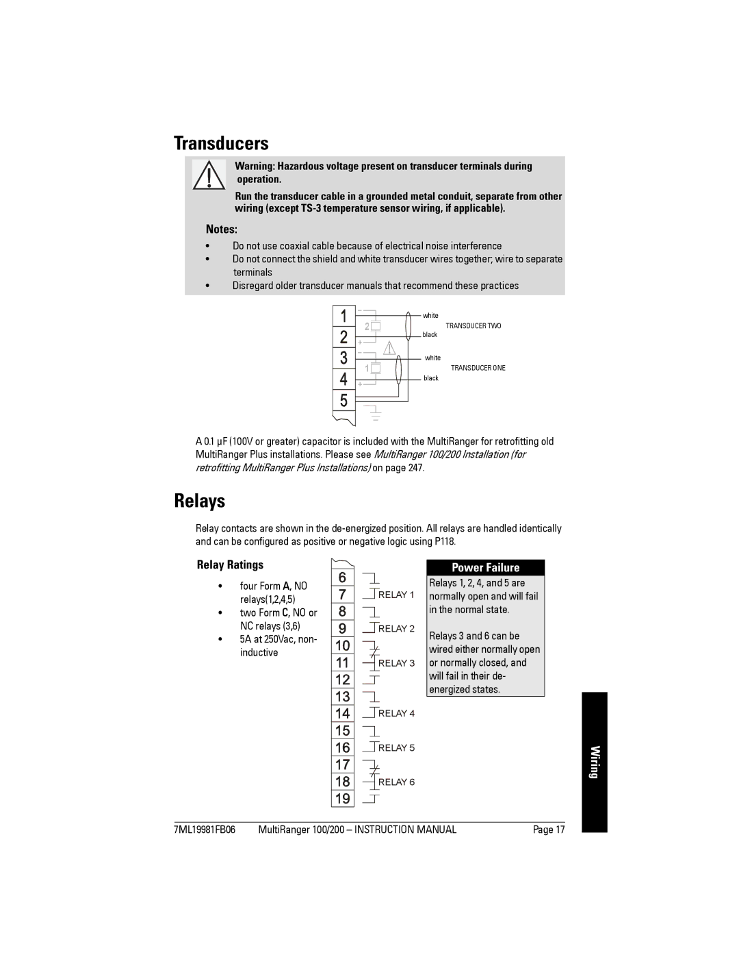 Siemens 200 instruction manual Transducers, Relays, Relay Ratings, Power Failure, 5A at 250Vac, non- inductive 