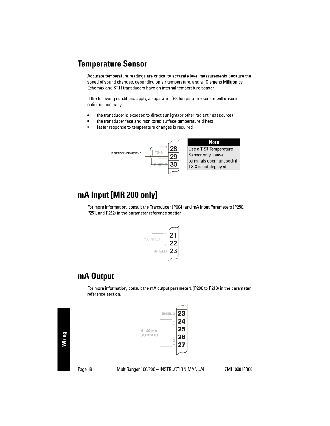 Siemens instruction manual Temperature Sensor, MA Input MR 200 only, MA Output, Sensor only. Leave, TS-3 is not deployed 