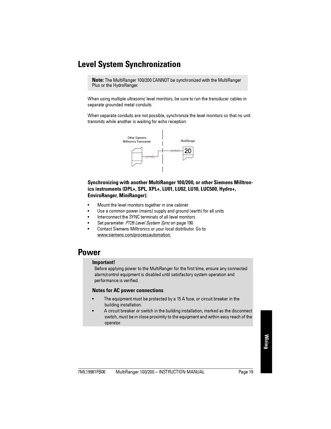 Siemens 200 instruction manual Level System Synchronization, Power 