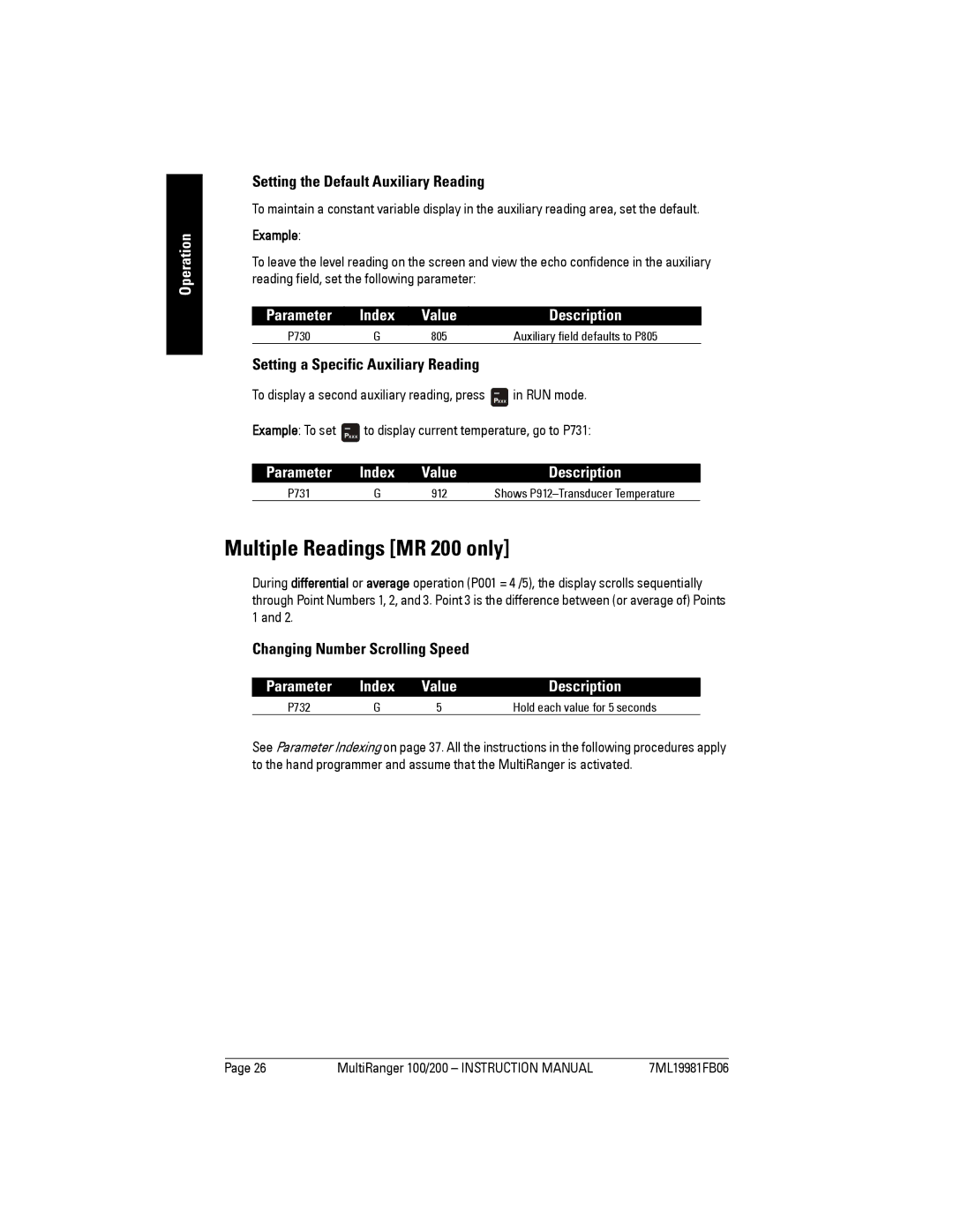 Siemens Multiple Readings MR 200 only, Setting the Default Auxiliary Reading, Parameter Index Value Description, 912 