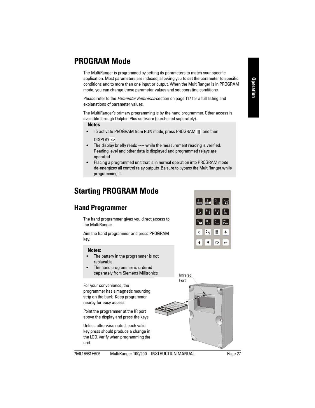 Siemens 200 Starting Program Mode, Hand Programmer, To activate Program from RUN mode, press Program and then 