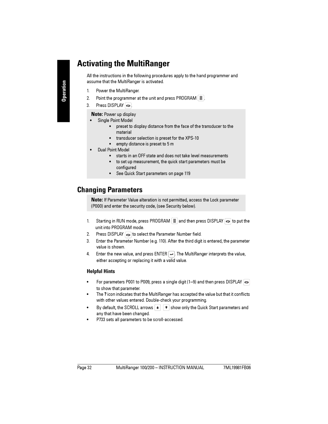 Siemens 200 instruction manual Activating the MultiRanger, Changing Parameters, Helpful Hints 