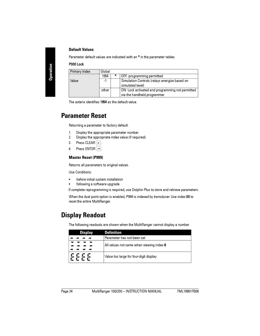 Siemens 200 instruction manual Parameter Reset, Display Readout, Default Values, Master Reset P999, Display Definition 