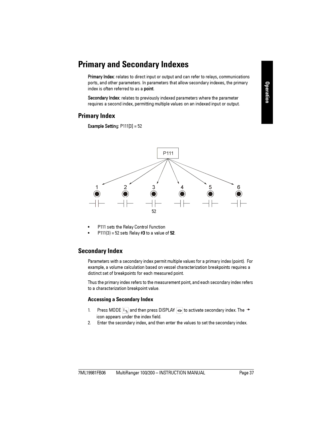 Siemens 200 Primary and Secondary Indexes, Primary Index, Accessing a Secondary Index, Example Setting P1113 = 