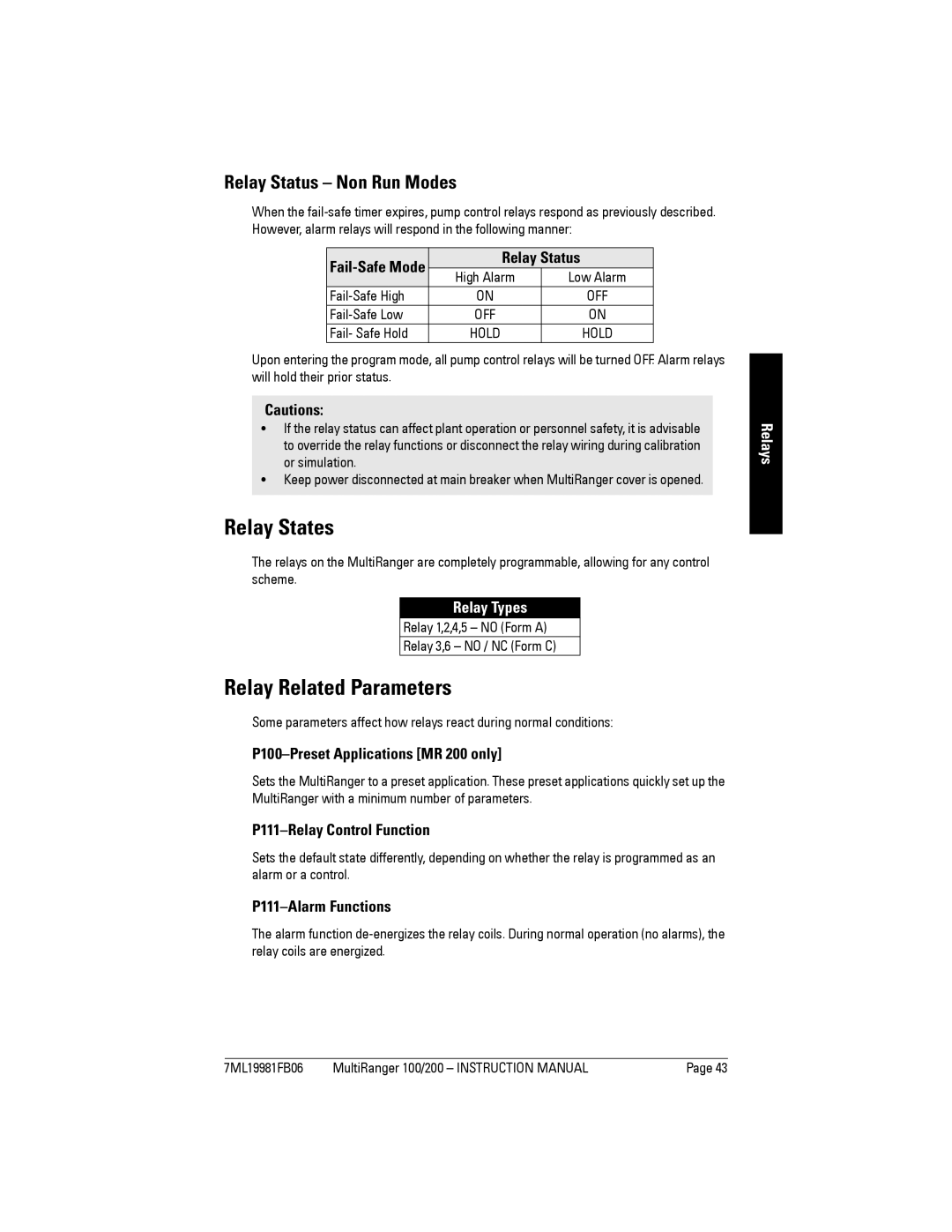 Siemens 200 instruction manual Relay States, Relay Related Parameters, Relay Status Non Run Modes, Relay Types 