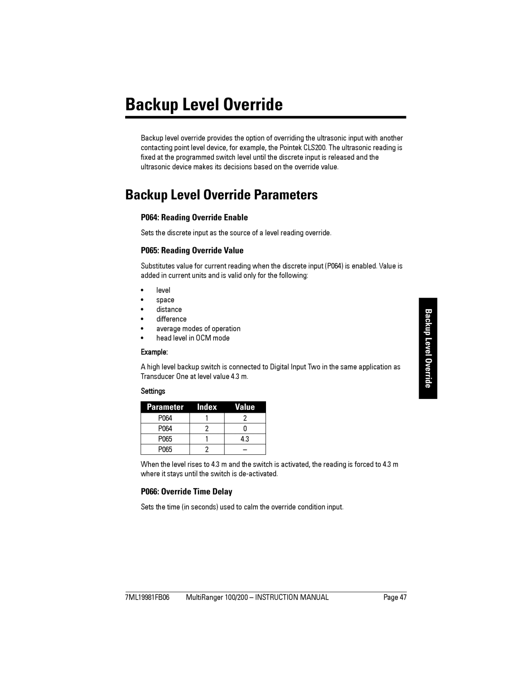 Siemens 200 instruction manual Backup Level Override Parameters 