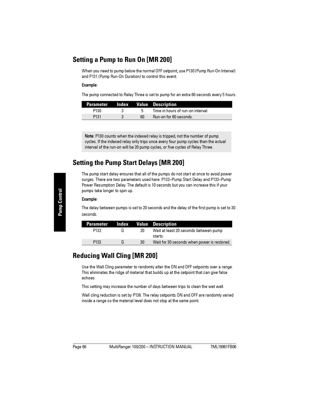 Siemens 200 instruction manual Setting a Pump to Run On MR, Setting the Pump Start Delays MR, Reducing Wall Cling MR 