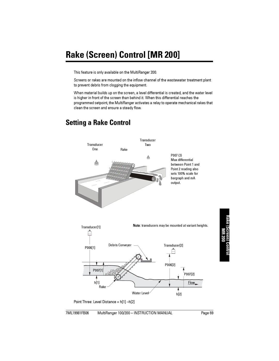 Siemens 200 instruction manual Rake Screen Control MR, Setting a Rake Control, Point Three Level Distance = h1 -h2 