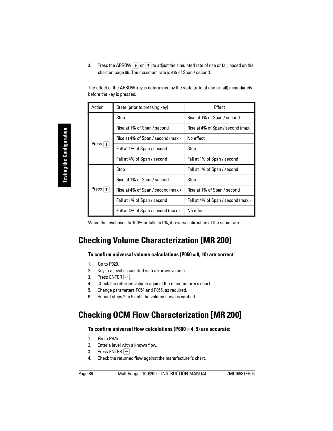 Siemens 200 instruction manual Checking Volume Characterization MR, Checking OCM Flow Characterization MR, Press, No effect 