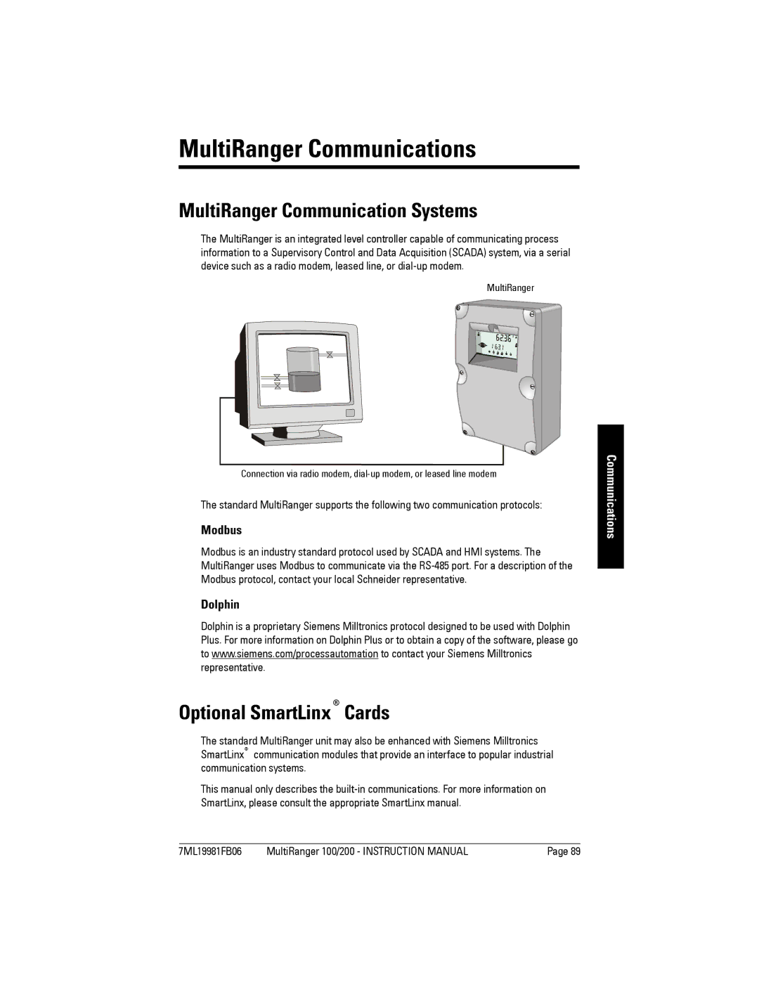 Siemens 200 instruction manual MultiRanger Communications, MultiRanger Communication Systems, Optional SmartLinxCards 