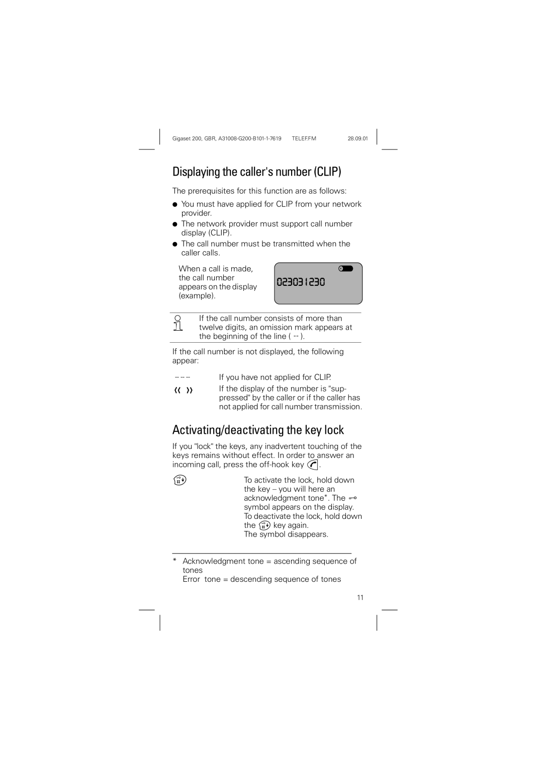 Siemens 200 manual Displaying the callers number Clip, Activating/deactivating the key lock 