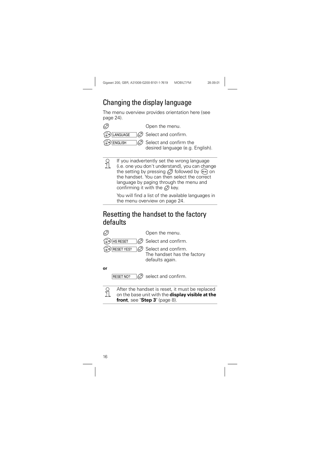 Siemens 200 manual Changing the display language, Resetting the handset to the factory defaults 