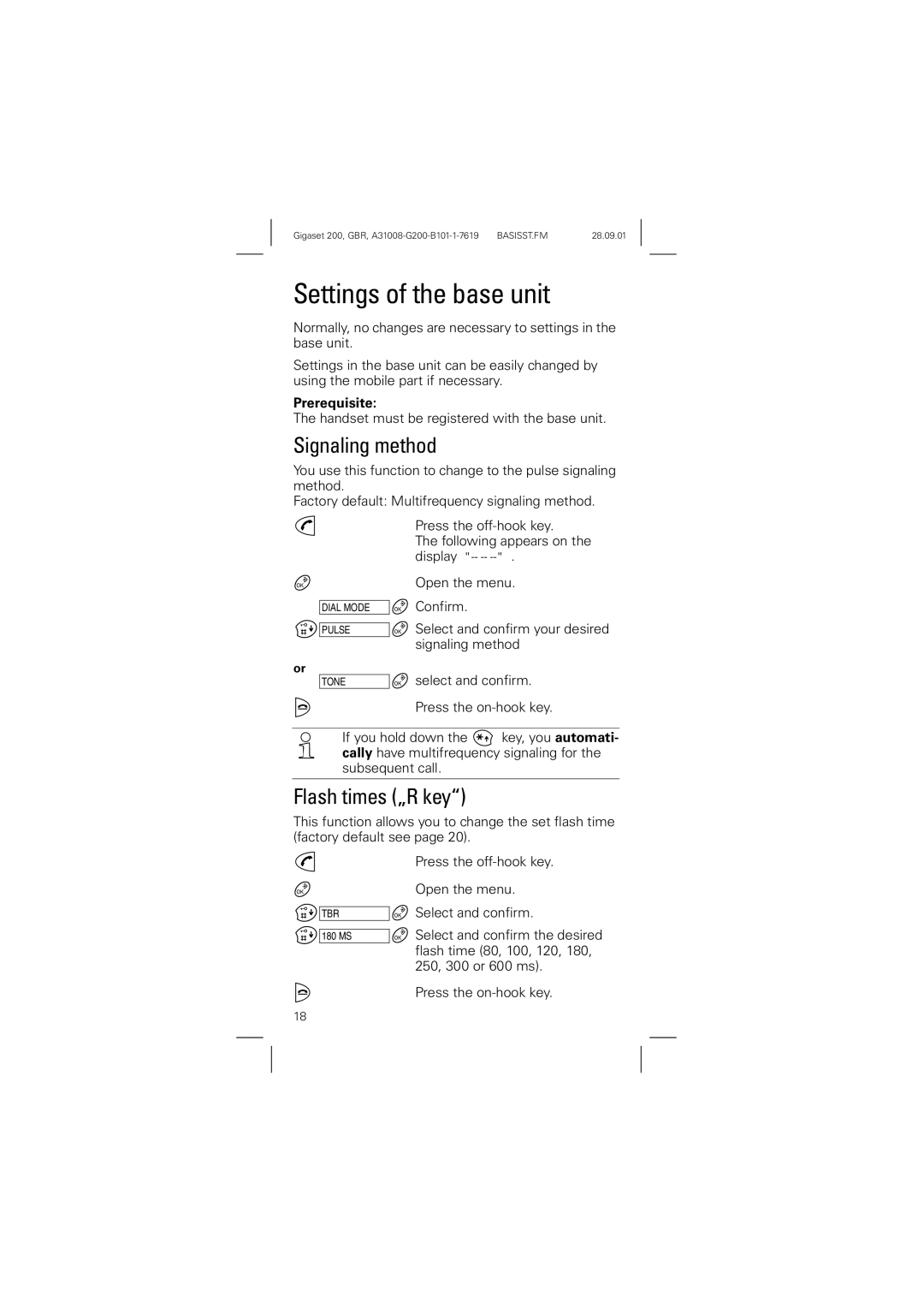 Siemens 200 manual Settings of the base unit, Signaling method, Flash times „R key, Prerequisite 