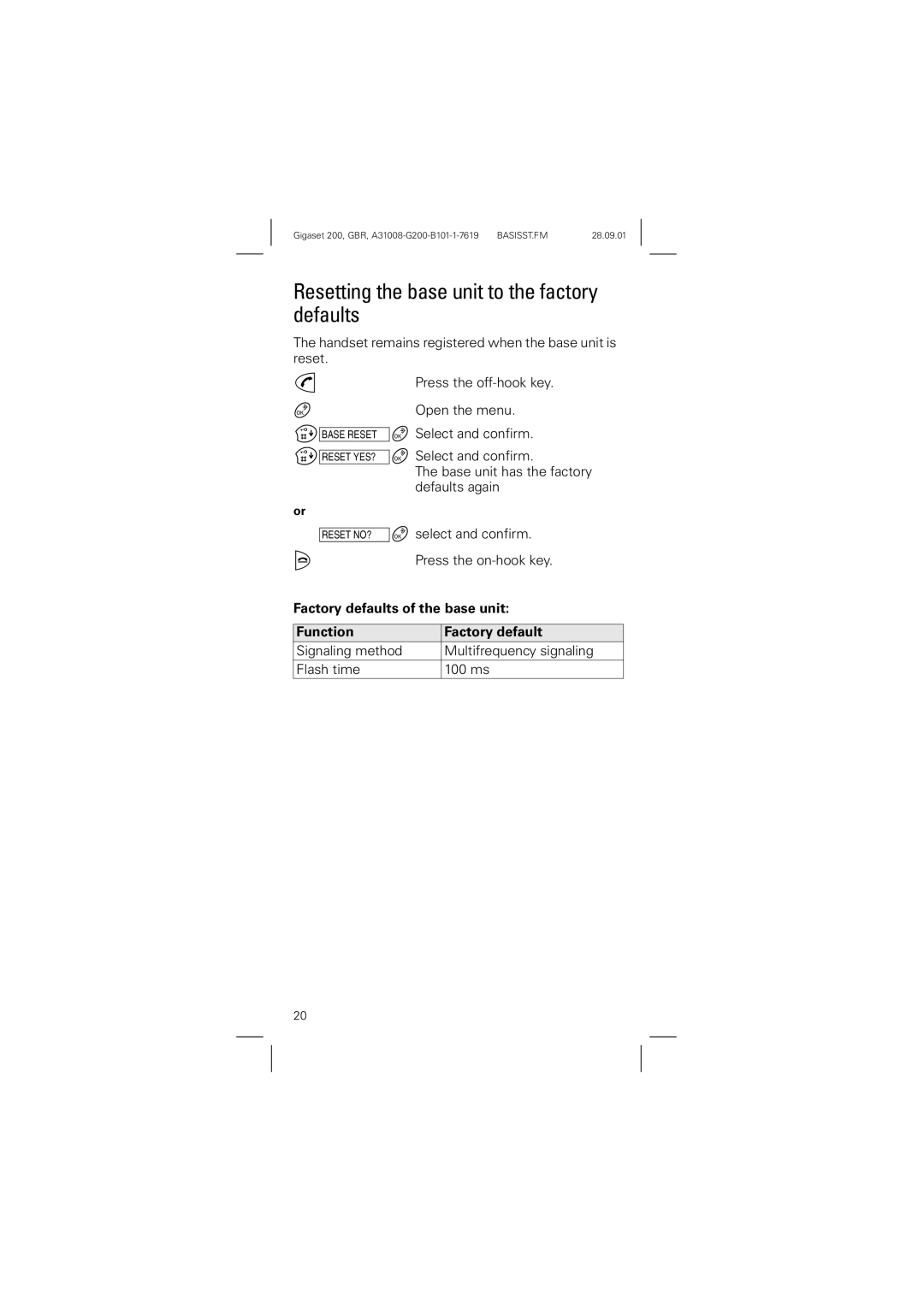 Siemens 200 manual Resetting the base unit to the factory defaults, Factory defaults of the base unit Function 