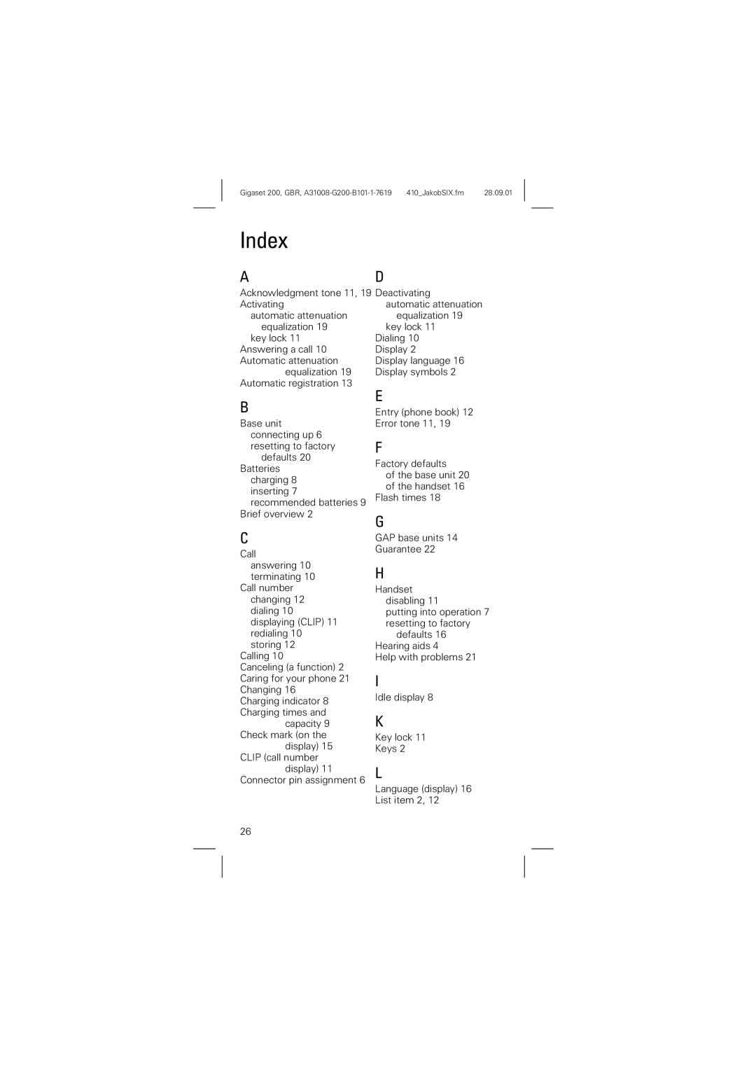 Siemens 200 manual Index 