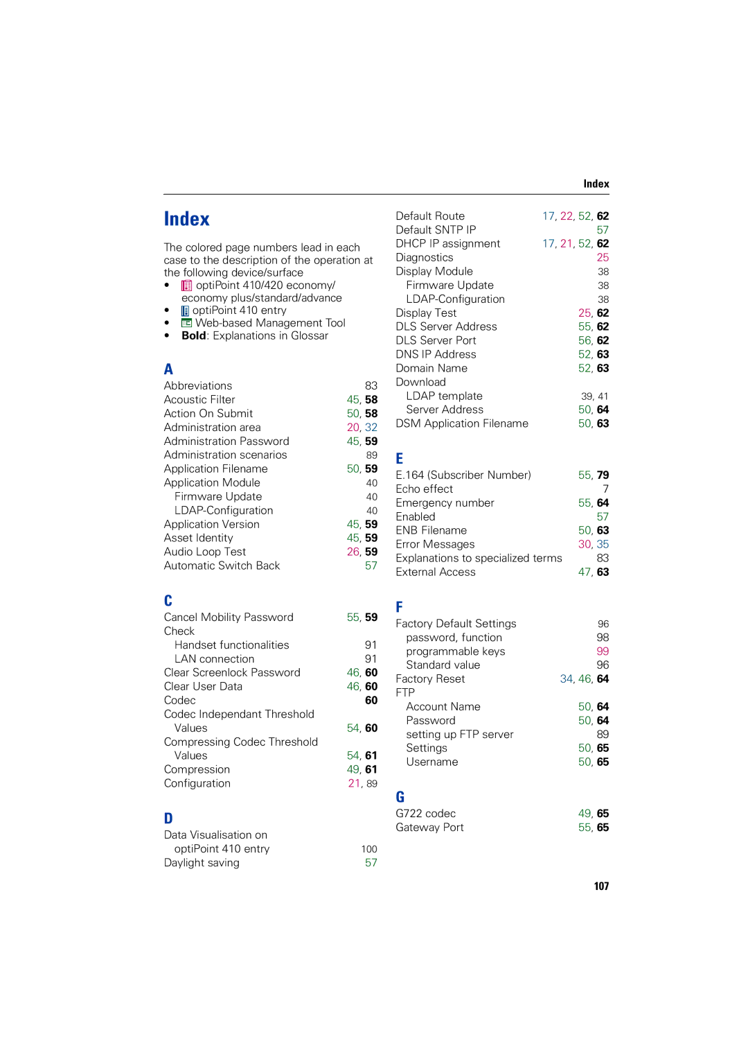 Siemens 2000 manual Index, 107 