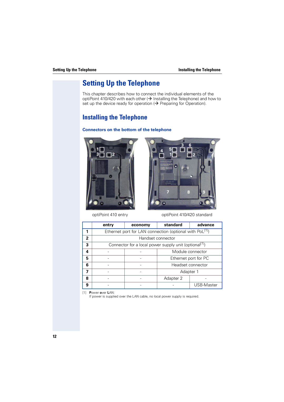 Siemens 2000 manual Setting Up the Telephone, Installing the Telephone, Connectors on the bottom of the telephone 