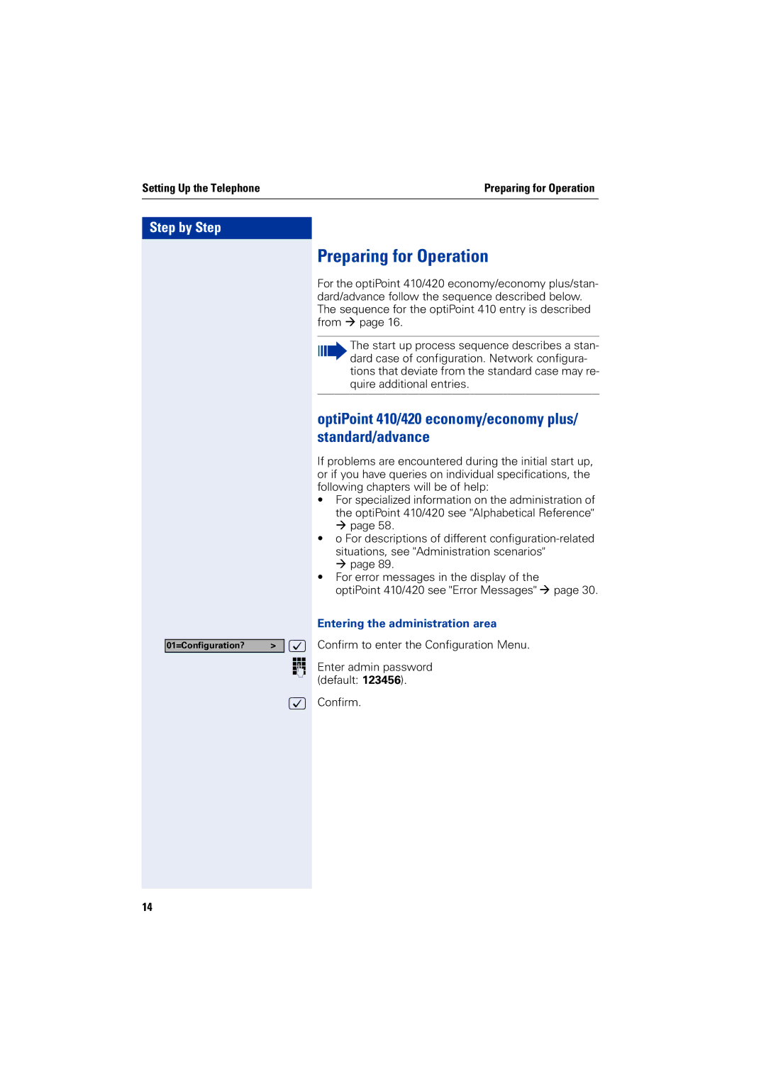 Siemens 2000 manual Preparing for Operation, Entering the administration area 