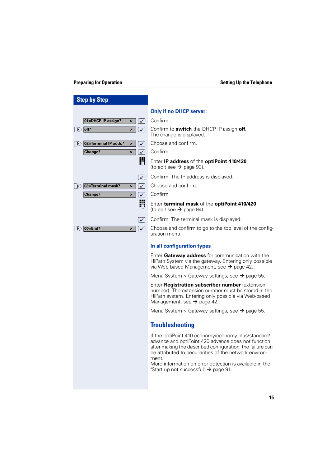 Siemens 2000 manual Troubleshooting, Only if no Dhcp server, All configuration types 