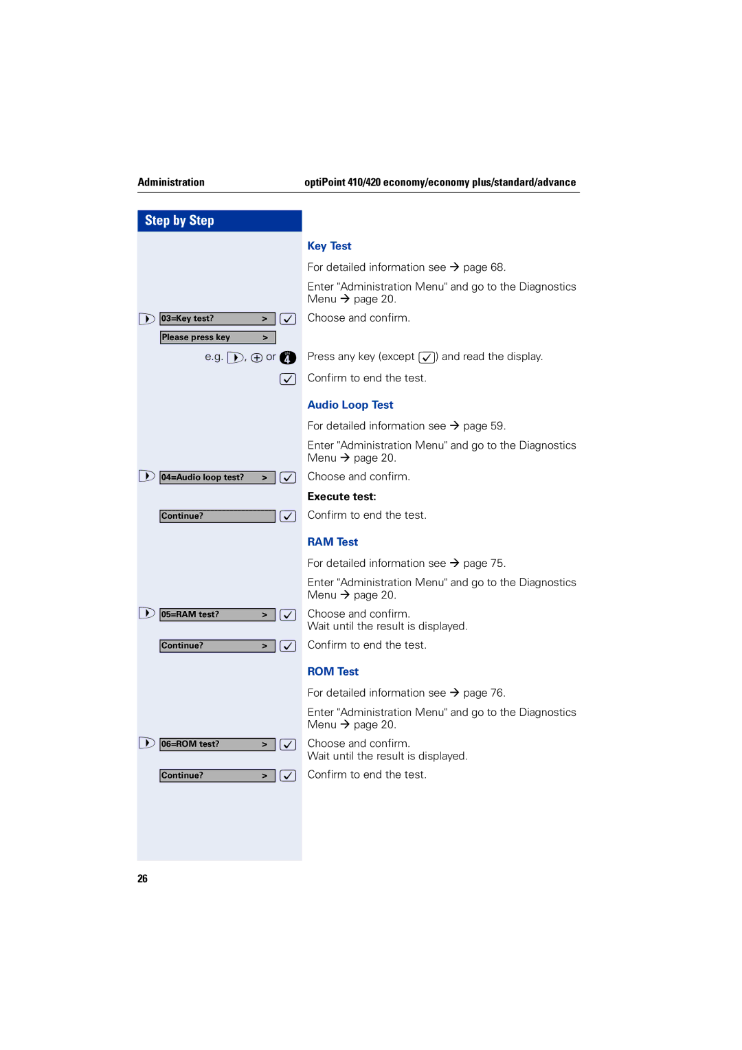 Siemens 2000 manual Key Test, Audio Loop Test, Execute test, RAM Test, ROM Test 