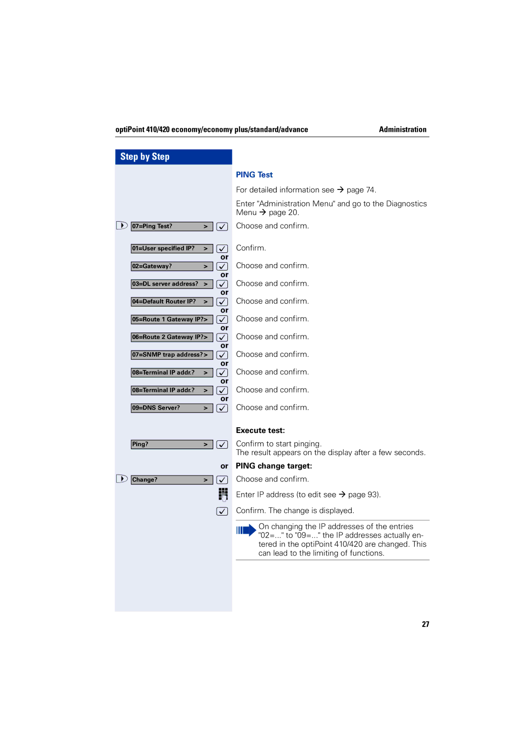 Siemens 2000 manual Ping Test, Ping change target 