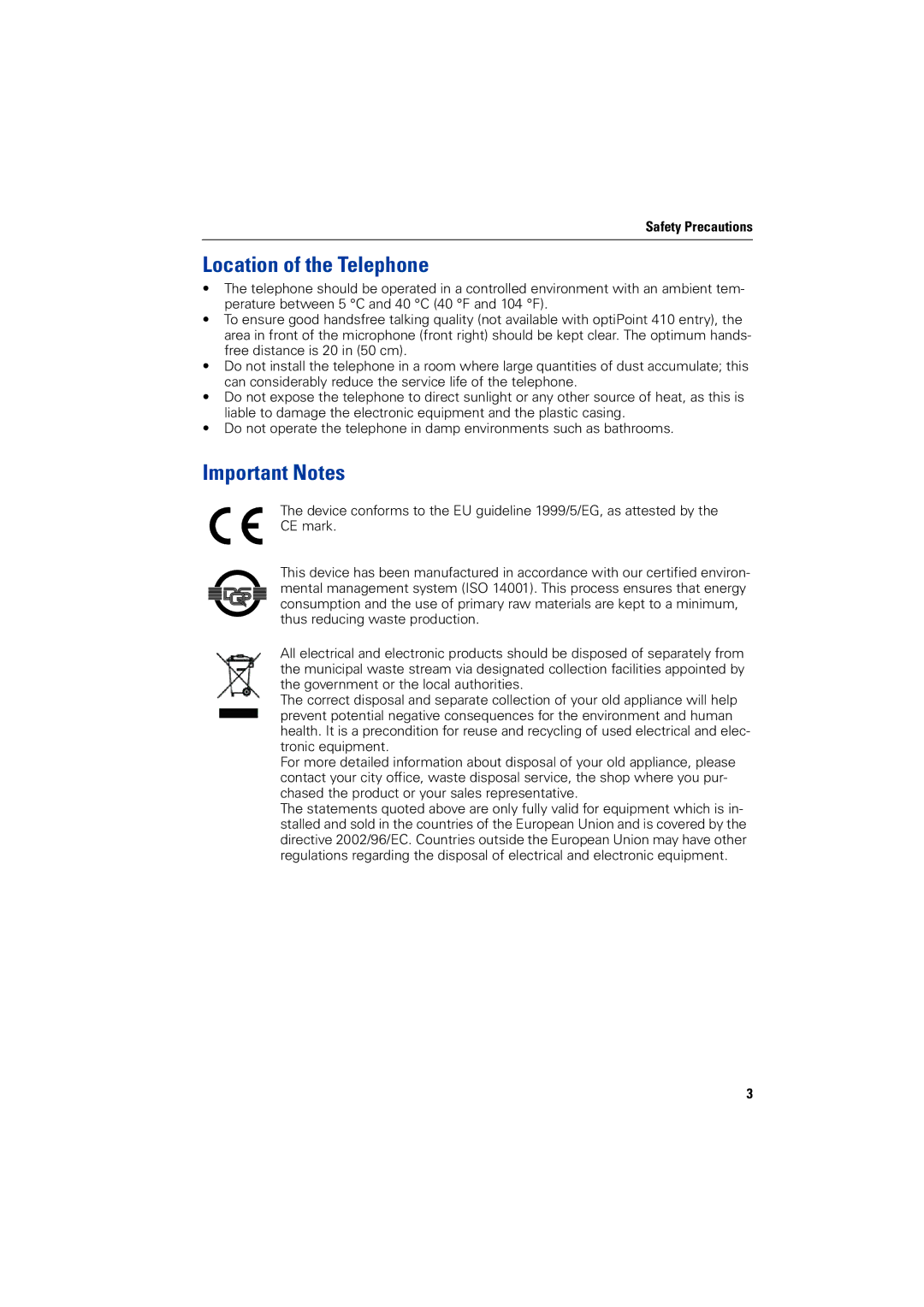 Siemens 2000 manual Location of the Telephone, Important Notes 