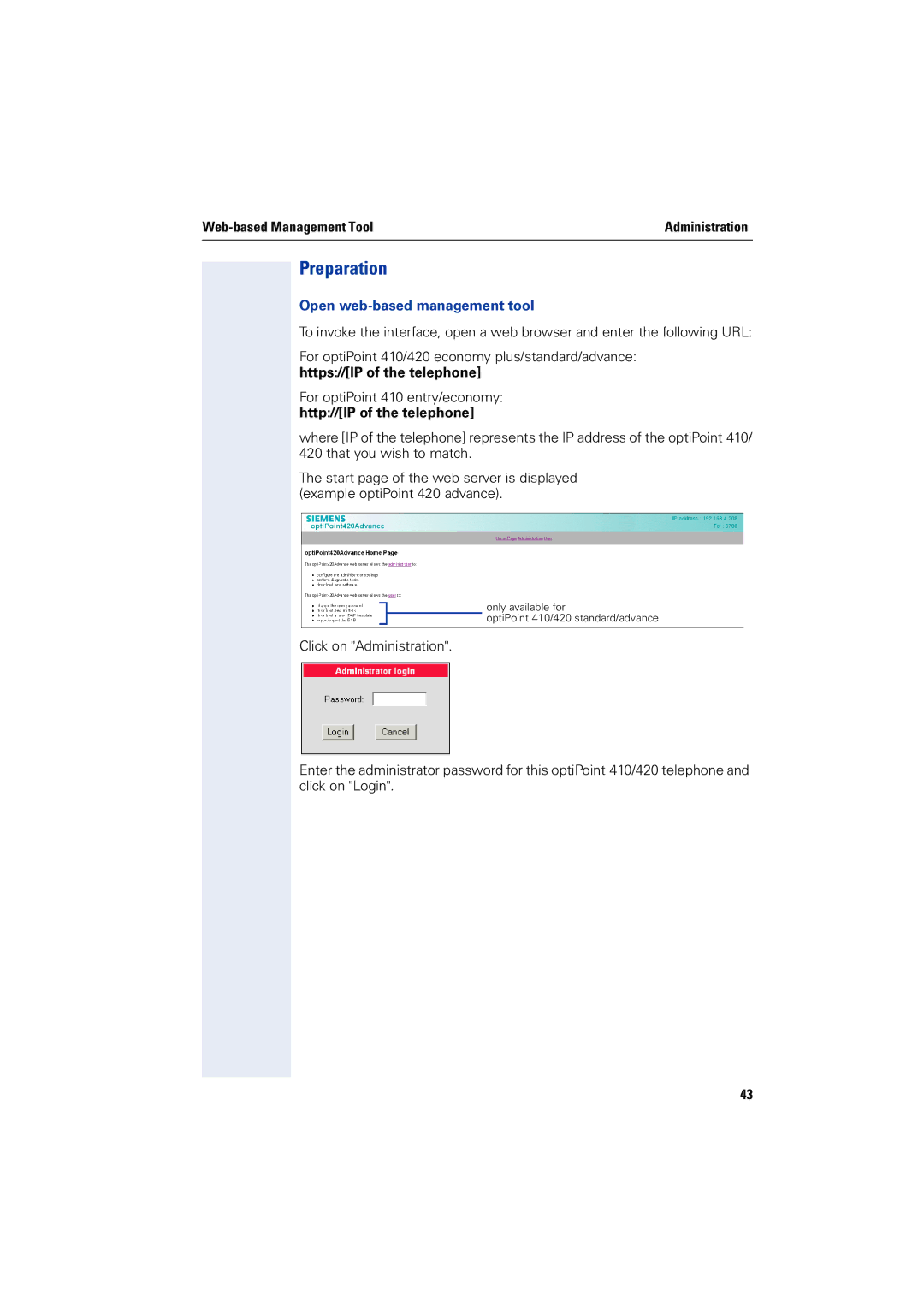 Siemens 2000 manual Preparation, Web-based Management Tool, Open web-based management tool, Http//IP of the telephone 