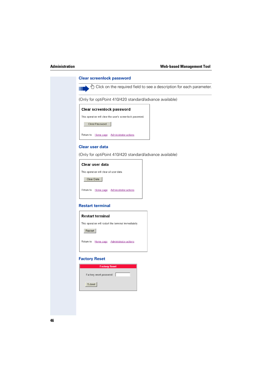 Siemens 2000 manual Clear screenlock password, Only for optiPoint 410/420 standard/advance available, Clear user data 