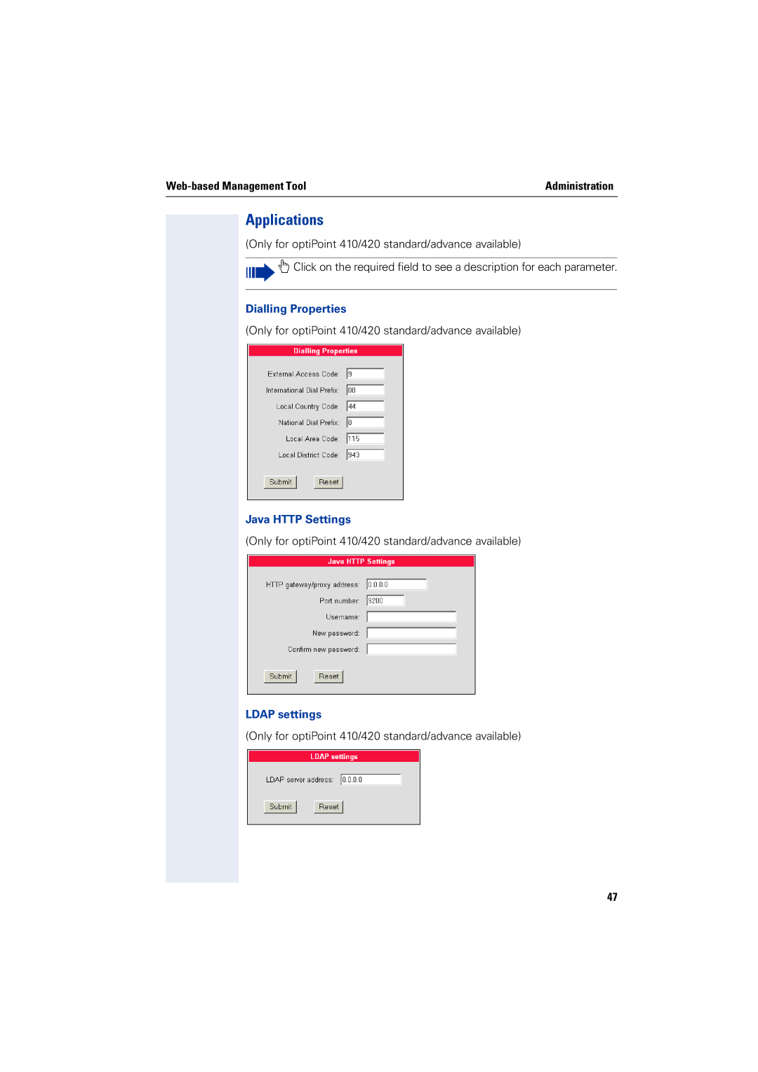 Siemens 2000 Applications, Web-based Management ToolAdministration, Dialling Properties, Java Http Settings, Ldap settings 