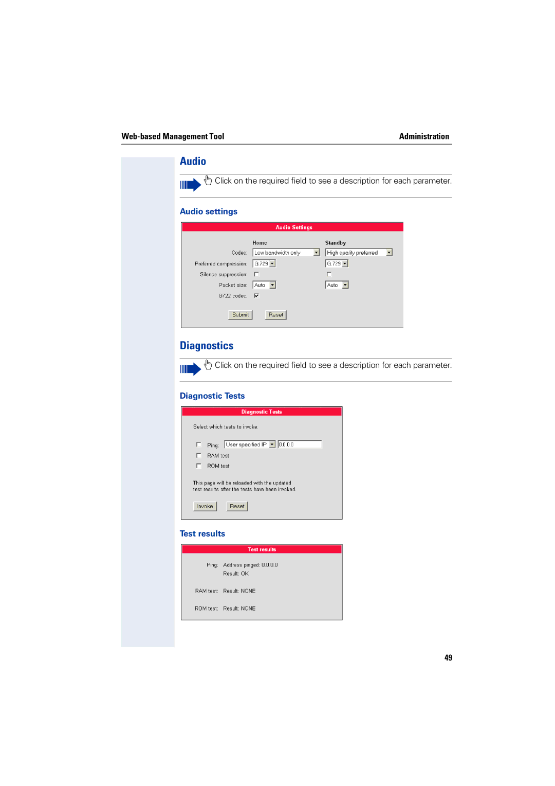 Siemens 2000 manual Audio settings, Diagnostic Tests Test results 