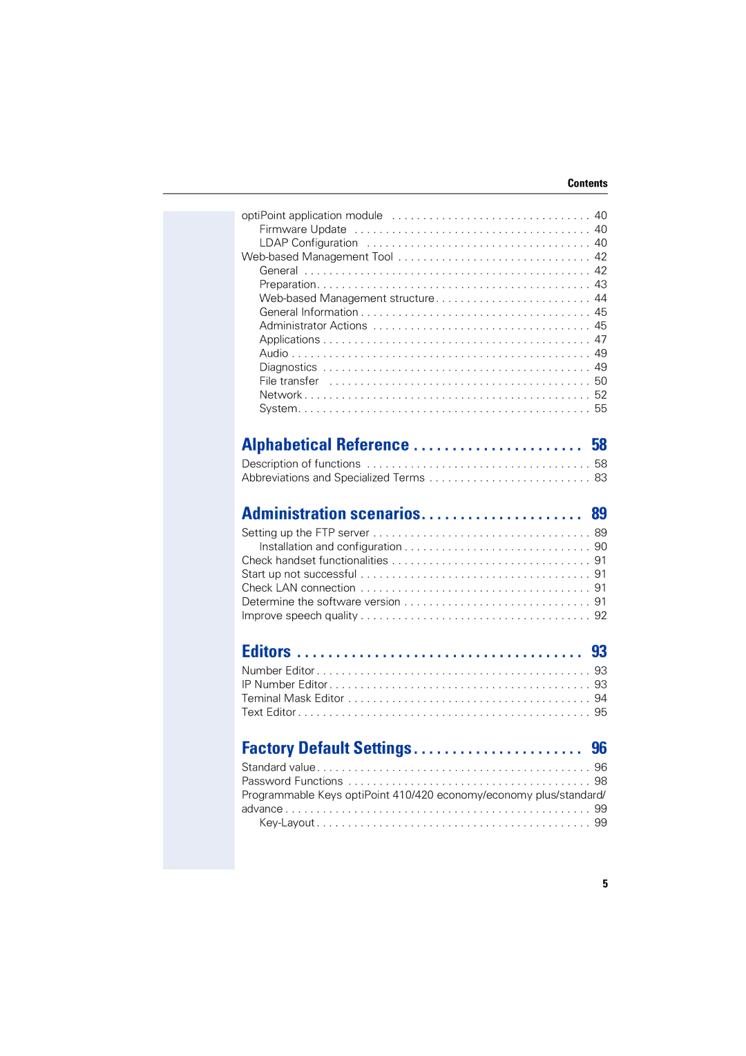 Siemens 2000 manual Alphabetical Reference, Administration scenarios, Editors, Factory Default Settings 